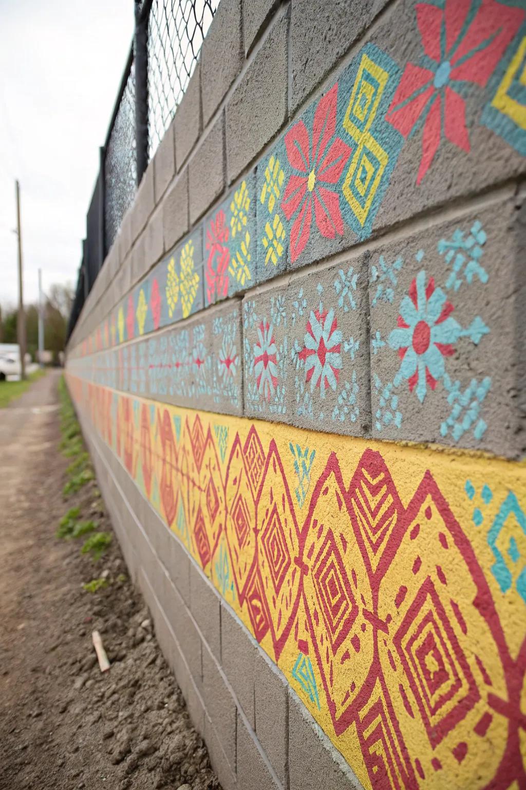 Mathematical patterns add a modern twist to a cinder block wall.
