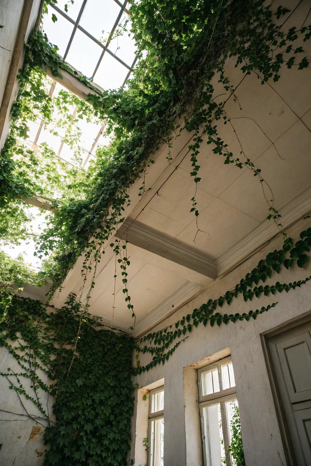 An unexpected greenery ceiling bringing a unique touch to the space.