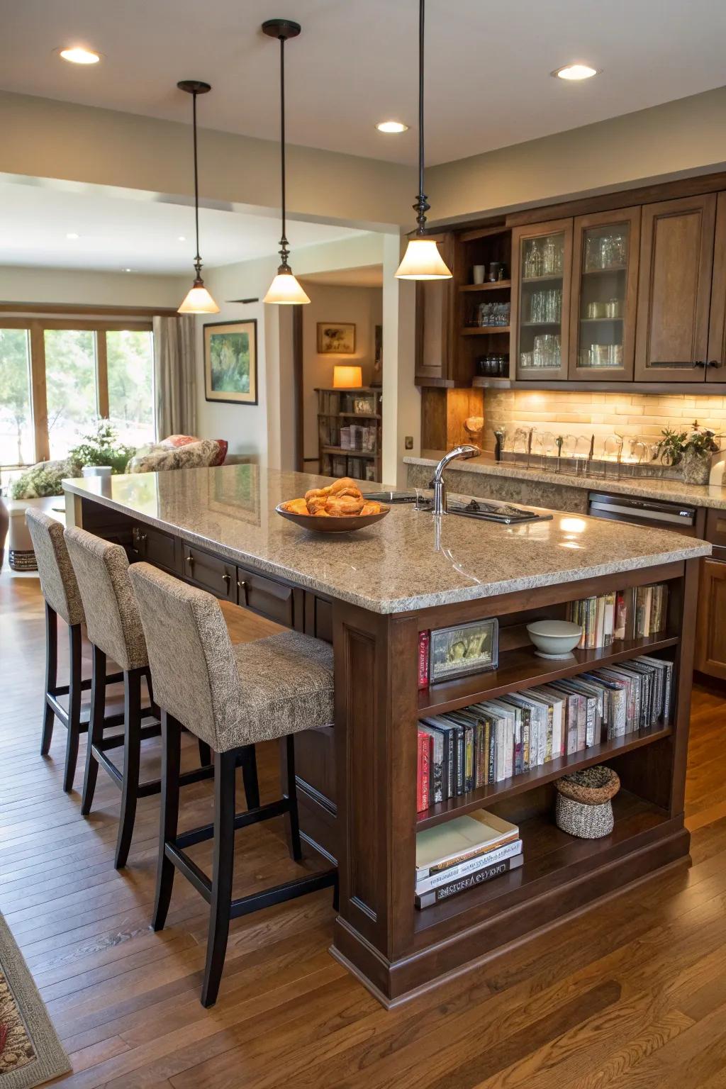 Integrated seating transforms this kitchen island into a social hub, ideal for gatherings.