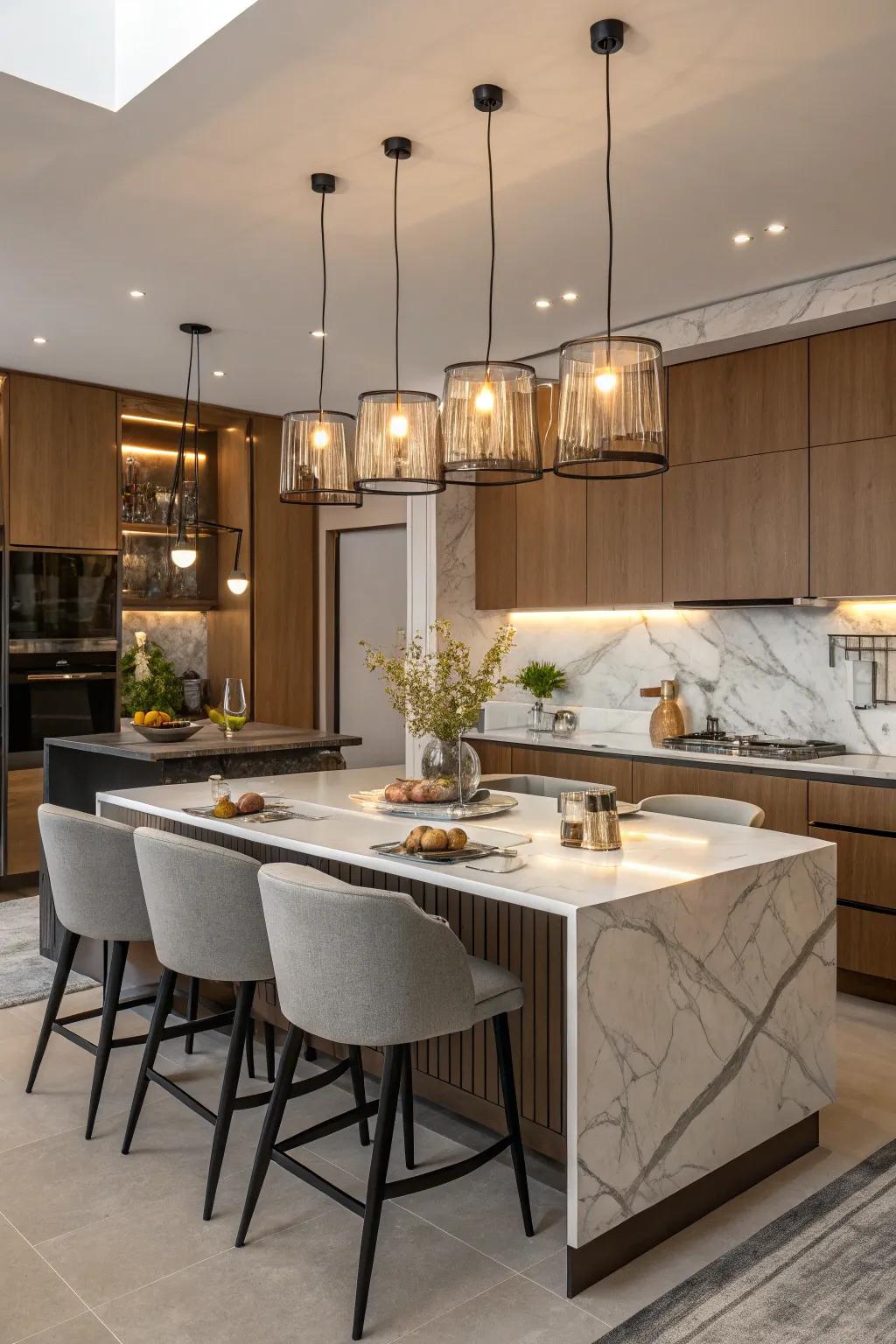 Statement lighting highlights the features of a central island.