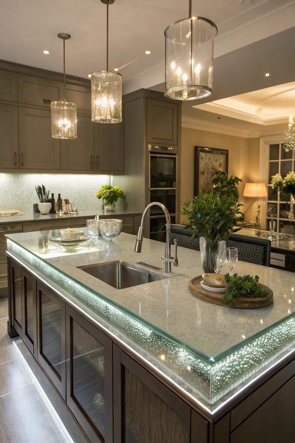 A chic kitchen island that showcases both glass and glossy components for a refined appearance.