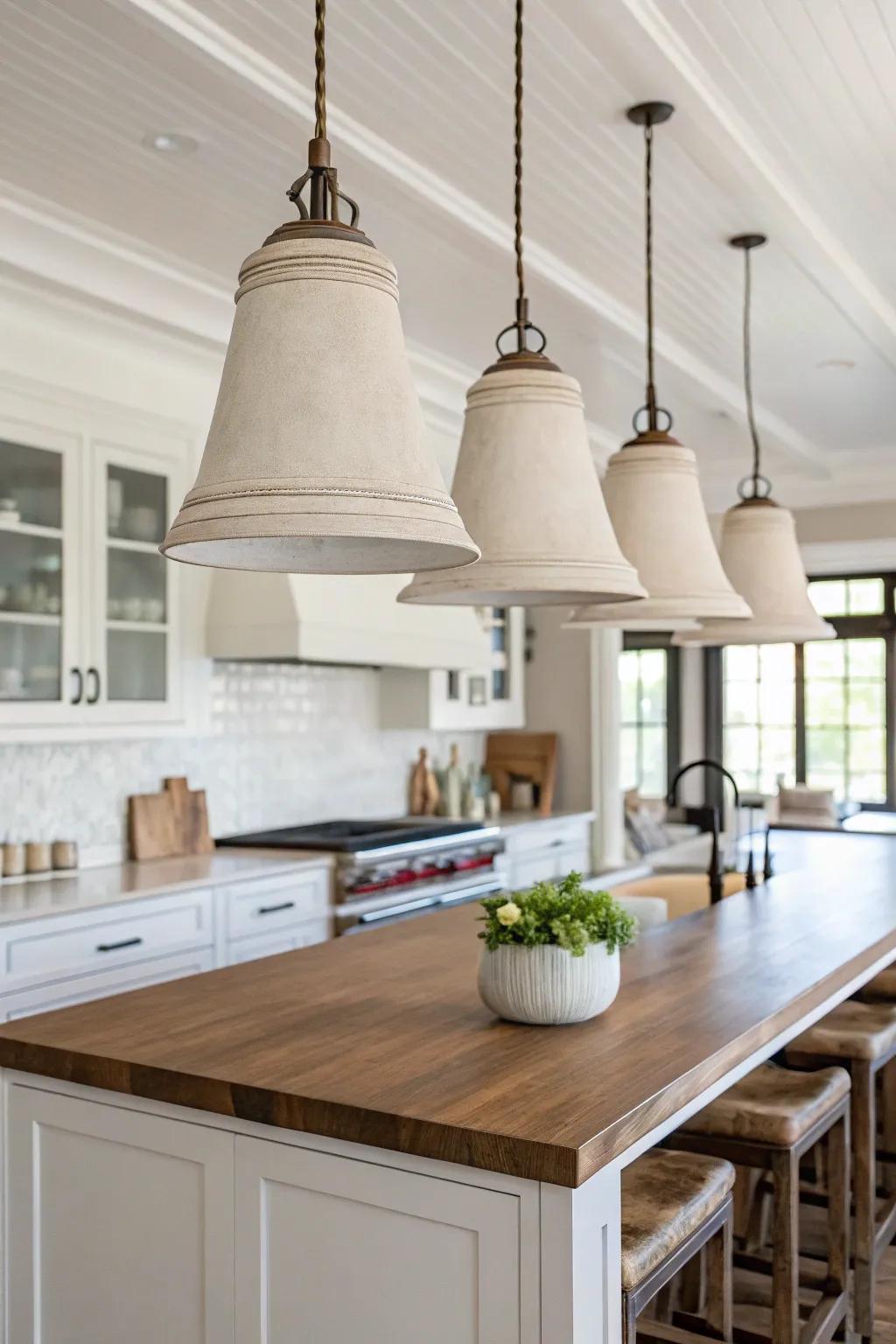 Simple bell pendants offer tidy lines and understated style within this cooking space.
