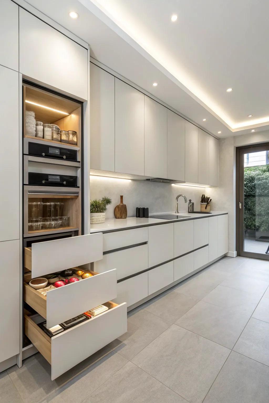 A kitchen featuring hidden storage options for a clutter-free setting.