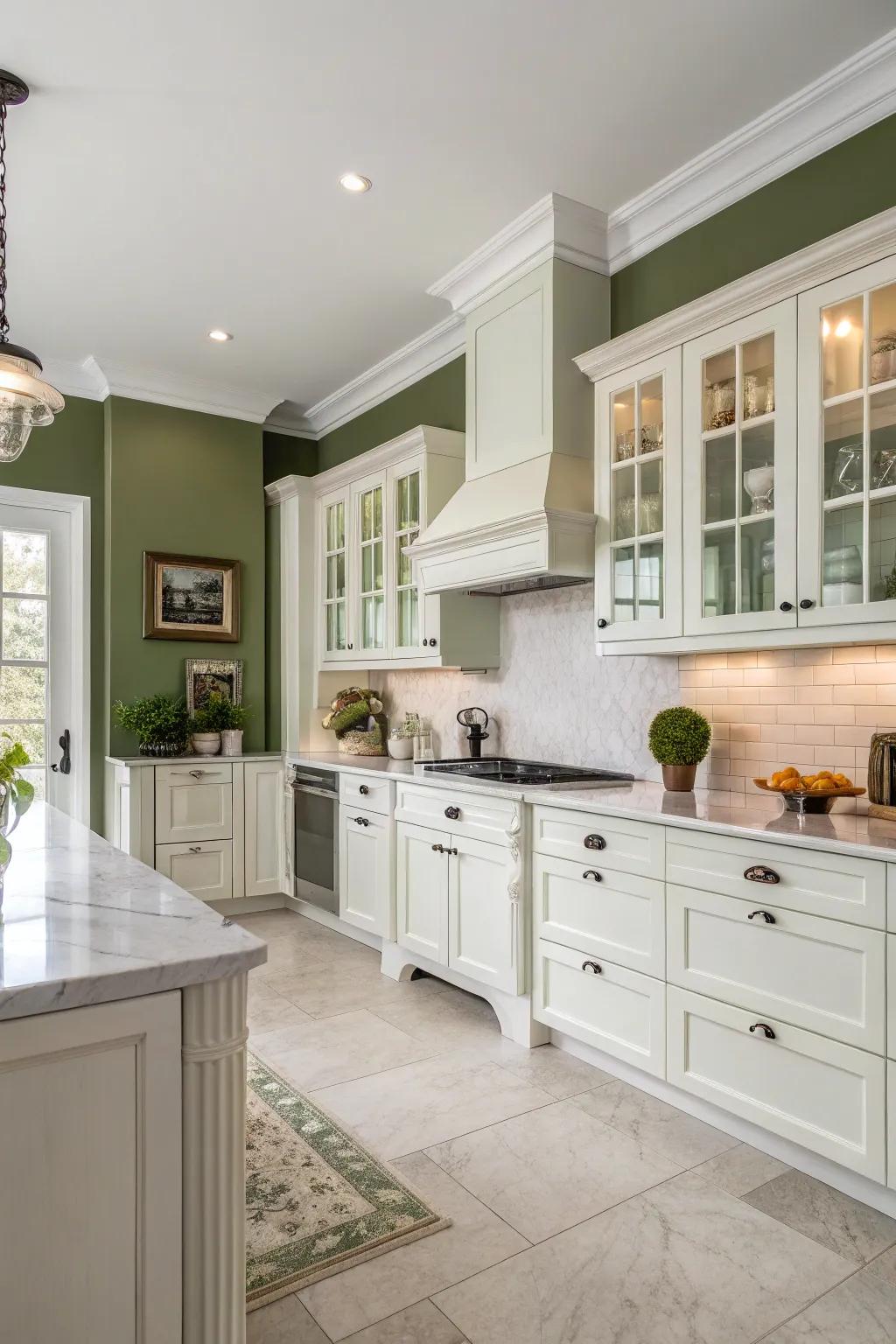 A sophisticated and refined touch is created with olive walls.