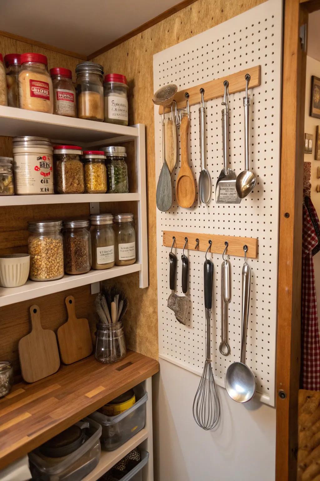 Pegboards offer stylish and functional storage.