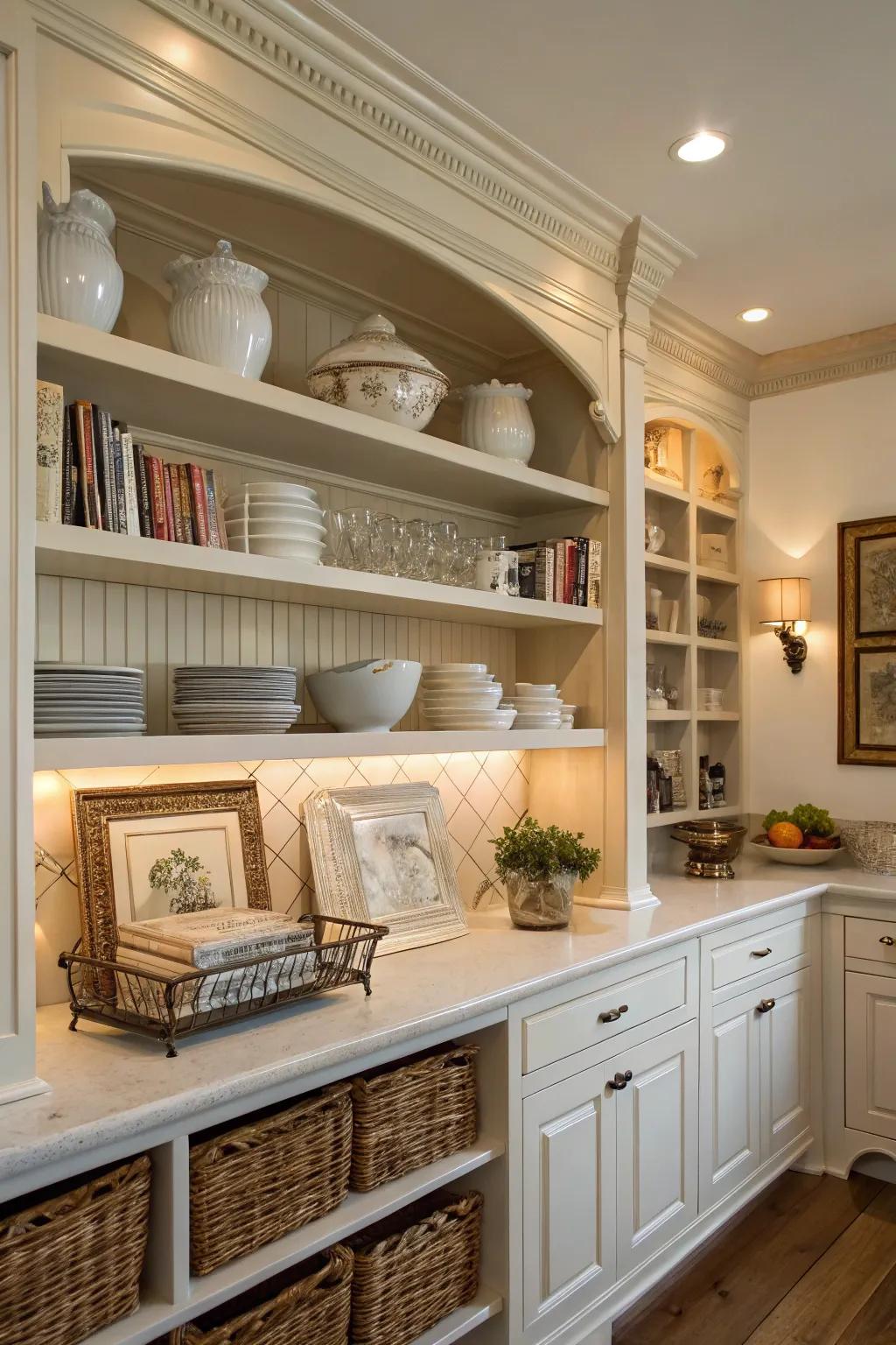 Classic shelving with detailed trim adds a touch of timeless elegance to the kitchen.