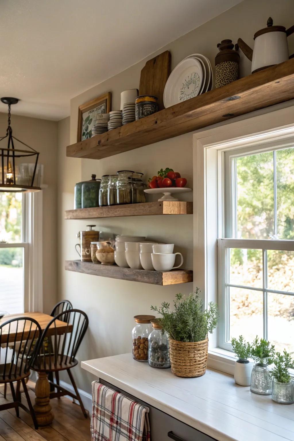 Playful placement of floating shelves.