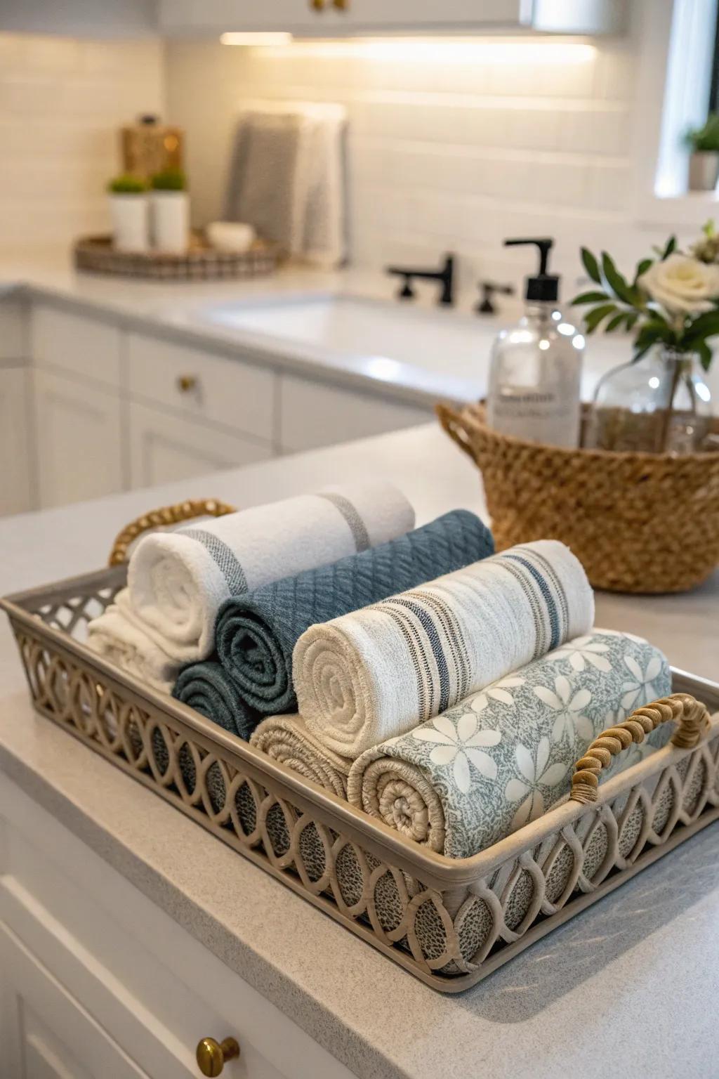 Arranging cloths on a tray offers a neat and stylish presentation.