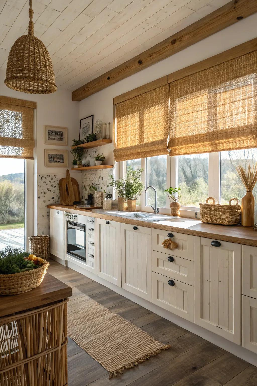 Verdant shades provide texture and a rustic touch to kitchens.