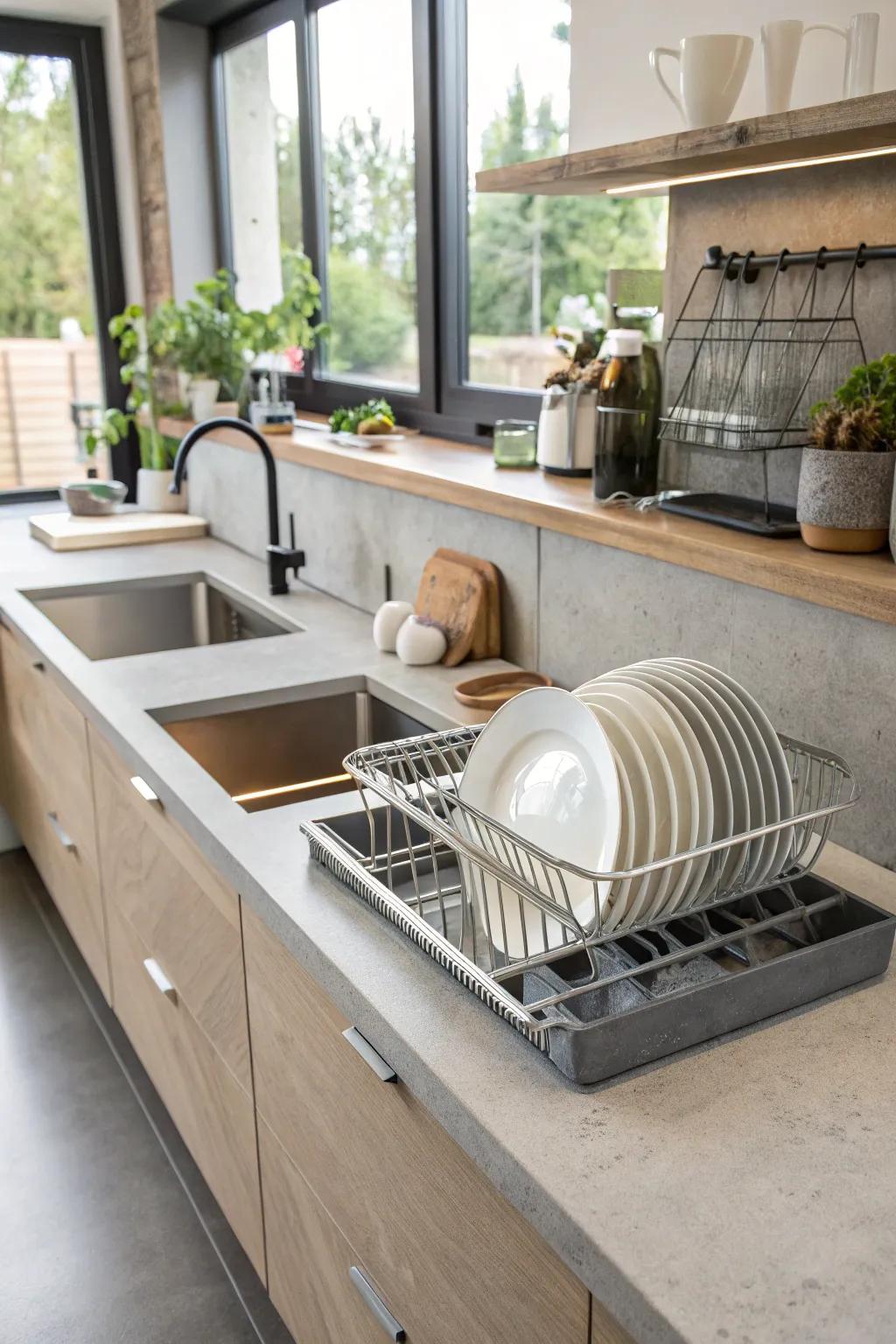 A kitchen design featuring concrete countertops with a practical embedded utensil drying rack.