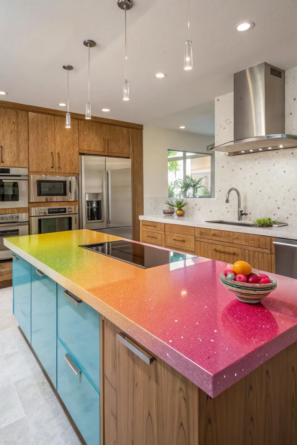 Inventive color palettes in quartz for a personalized kitchen.
