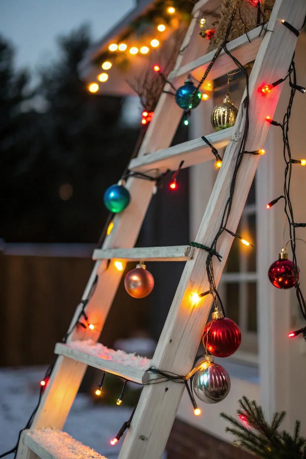A festive ladder display brings holiday cheer.