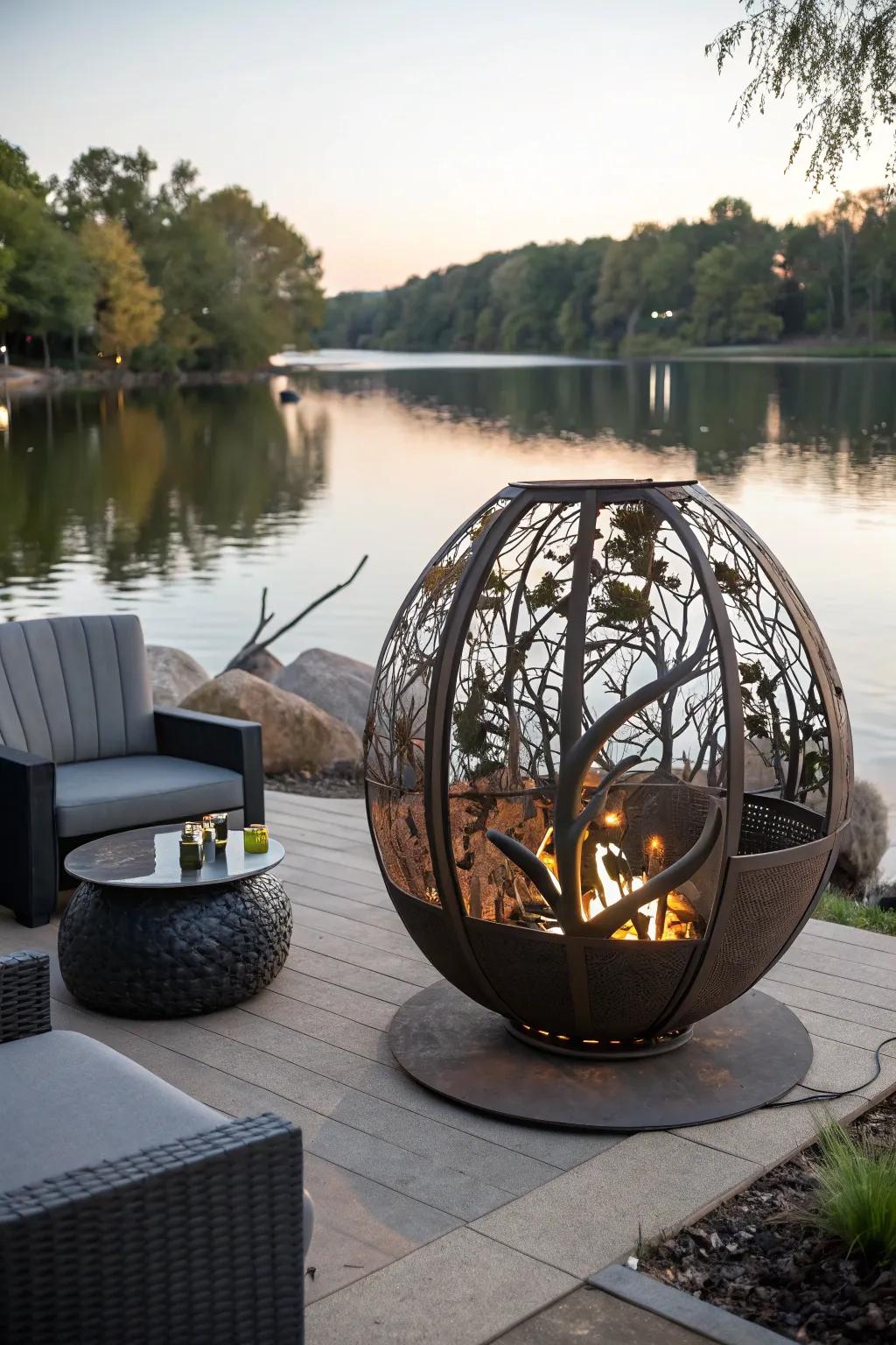 An artistic fire pit statue contributes a creative and eye-catching element to your lakeside hideaway.