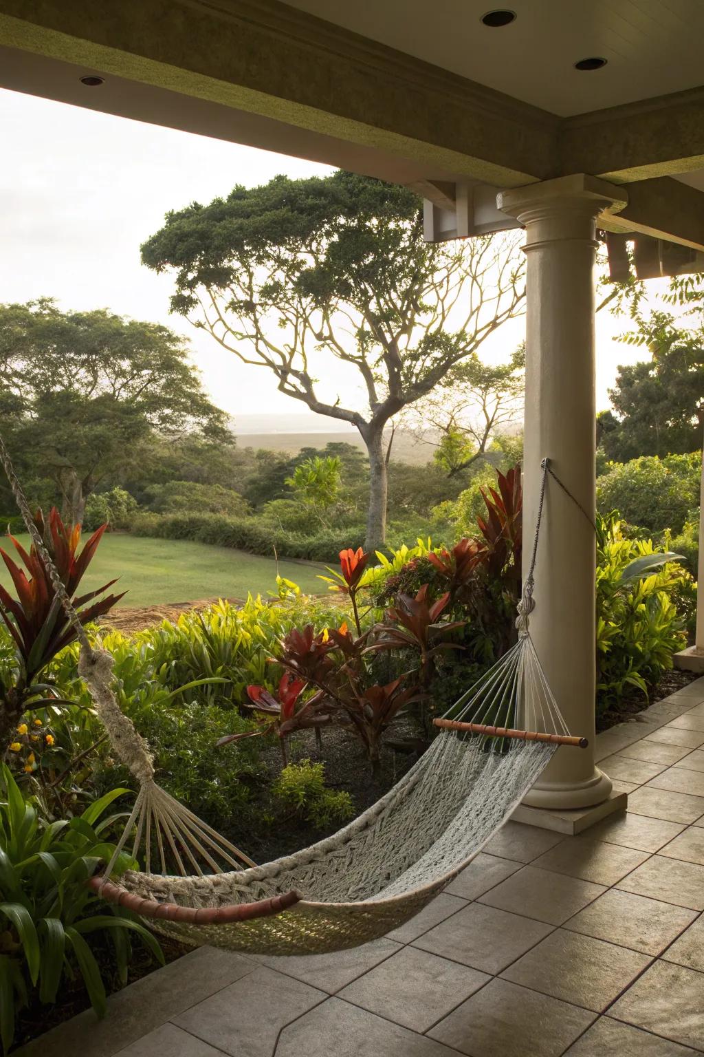 A sleeping hammock on the lanai furnishes a relaxing escape.