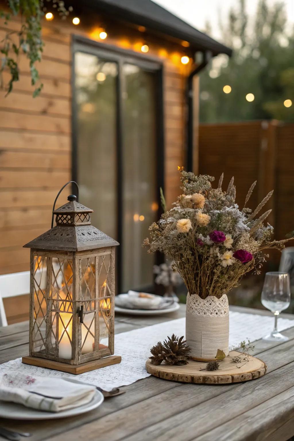 A rustic lantern filled with preserved blooms.