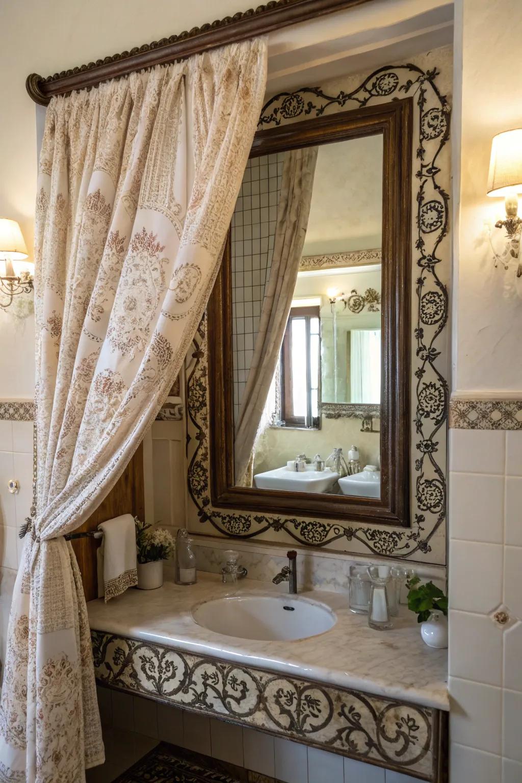 Drapes heighten drama and refinement to bathroom reflector arrangements.