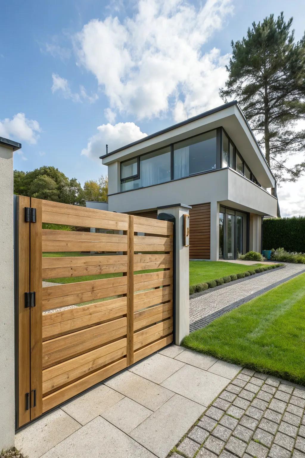 A wide horizontal plank gate for a bold, modern look.