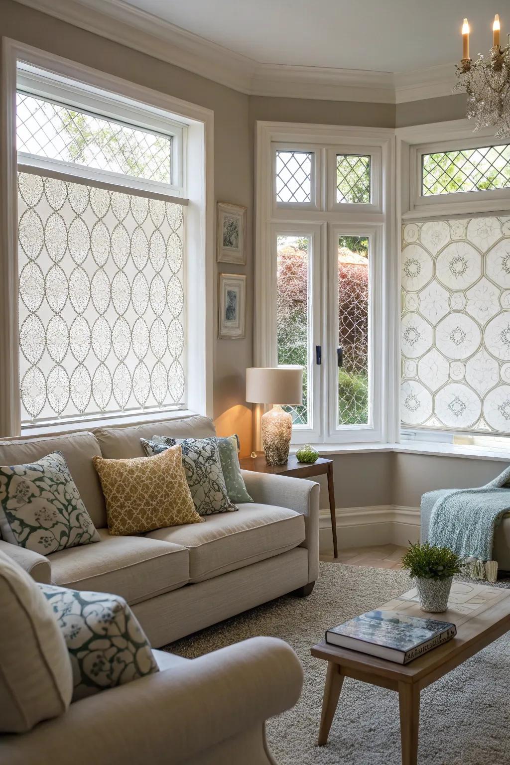 Decorative window film adding privacy and a touch of style to the living room.