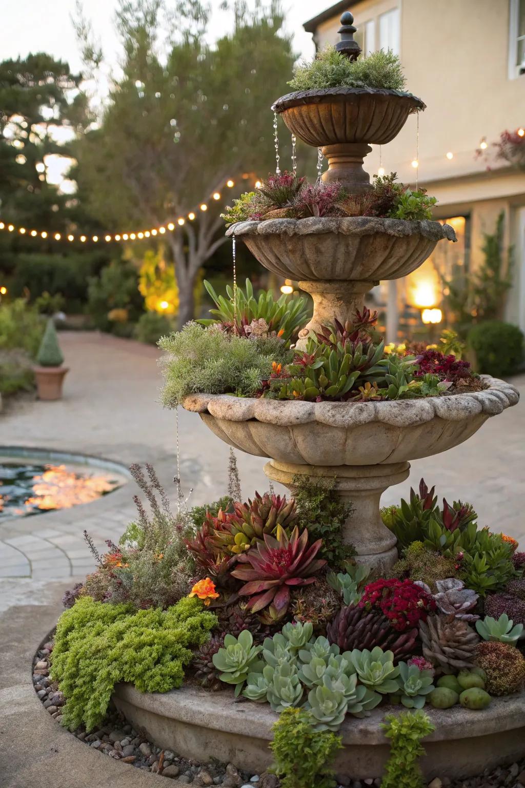 A non-functional water feature changed into a succulent function.