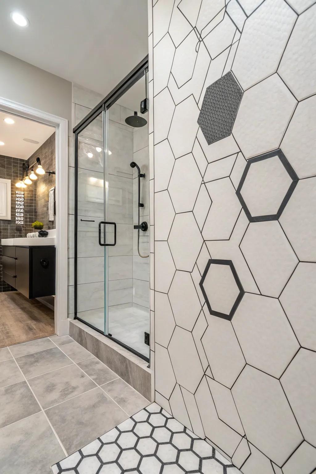 Hexagonal tiles deliver a harmonious and modern touch to the shower.
