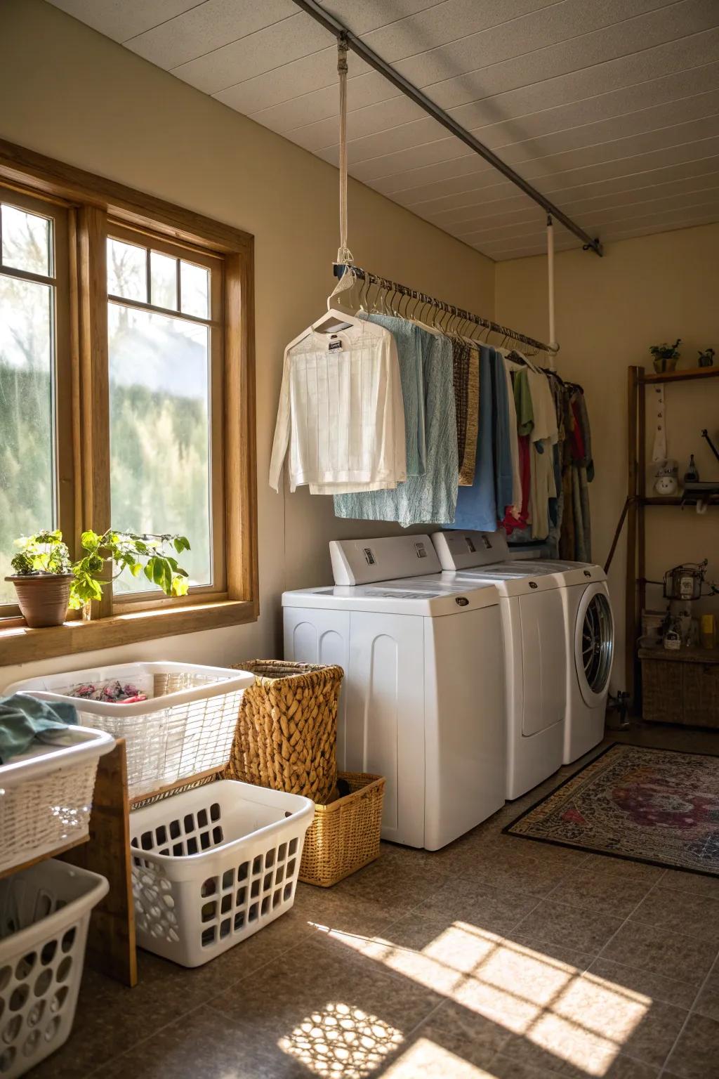 A hanging rod provides convenient space for drying clothes.