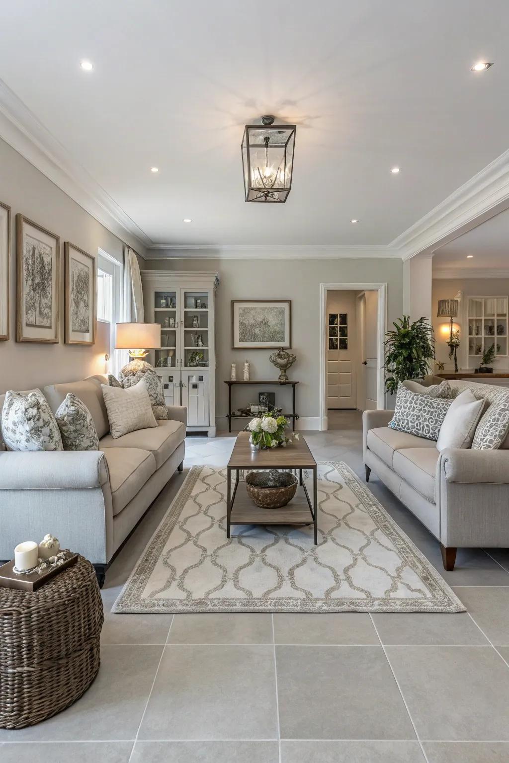 A harmonious living room featuring symmetrical decor and light grey flooring.