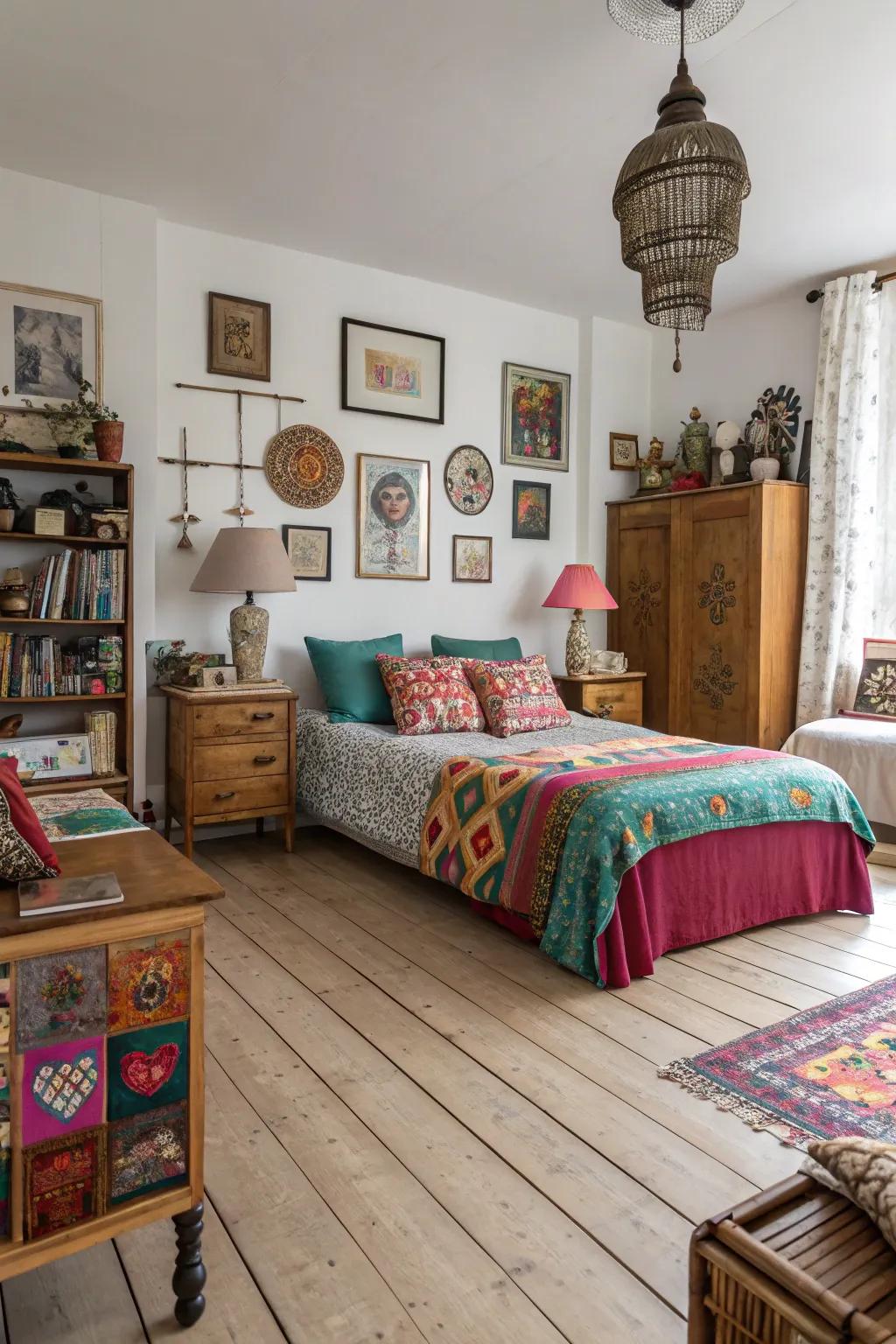 An eclectic mix creates a personalized space featuring bright timber flooring.
