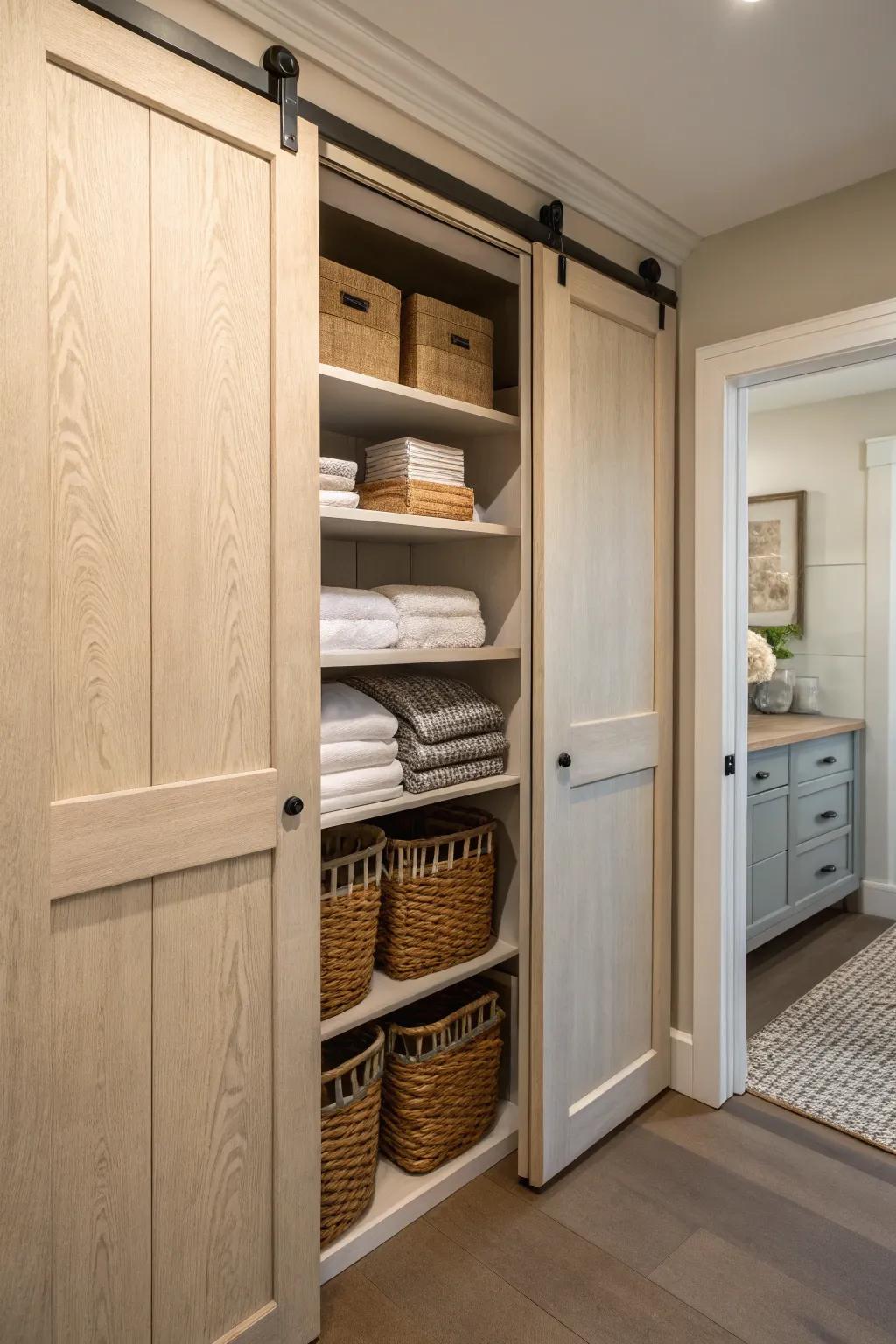 A sliding door can hide your linen closet while saving space.