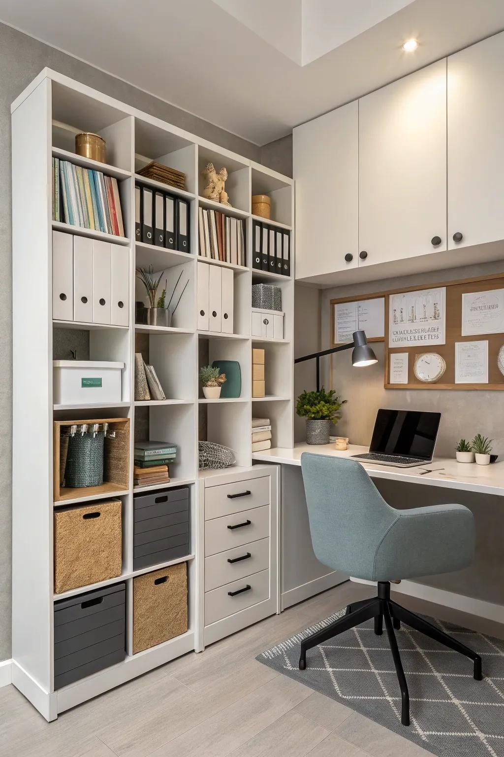 A workplace necessities center employing cube storage for a productive workspace.