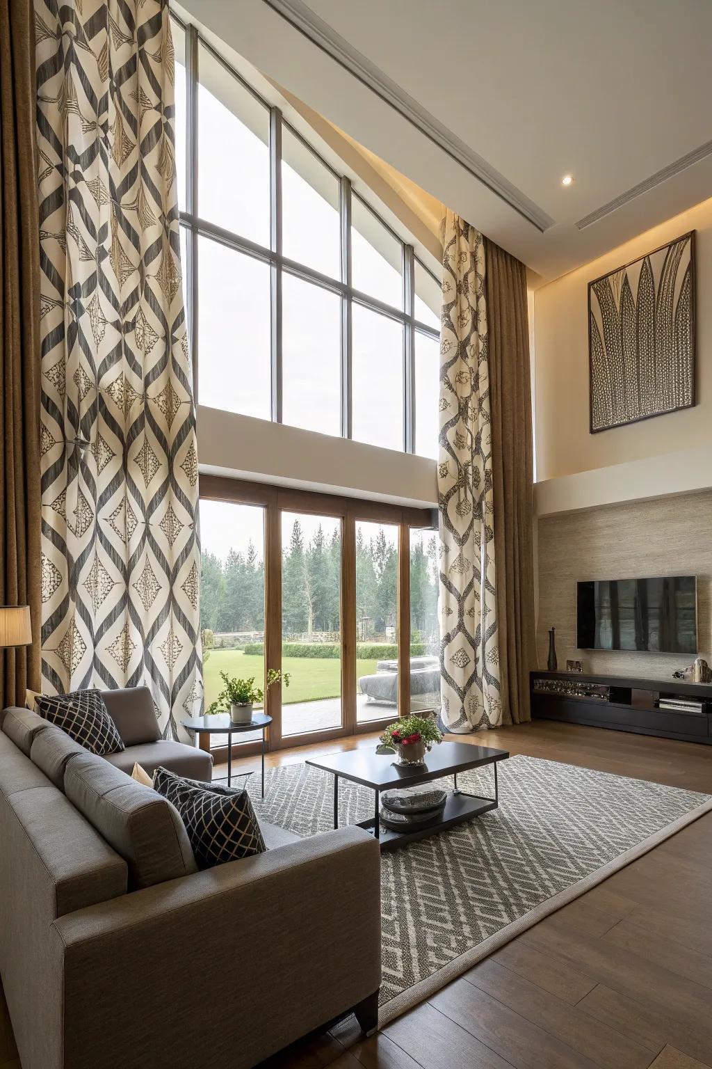 Asymmetrical hanging lends a creative twist to curtain styling.