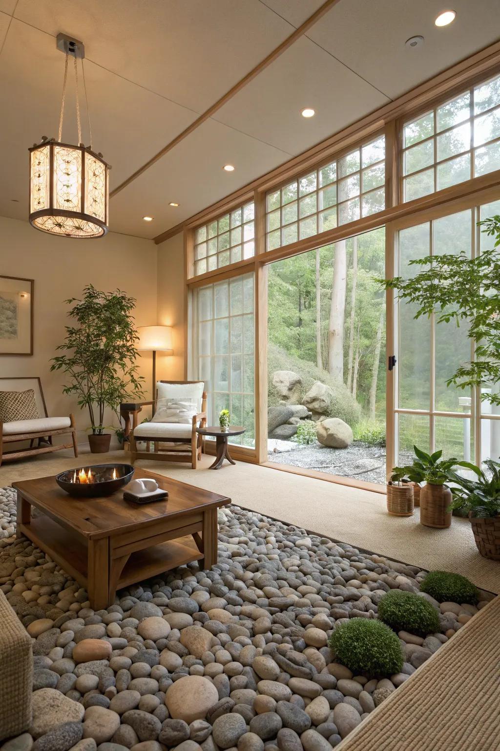 Pebble flooring introduces a natural, spa-like ambiance to your living space.