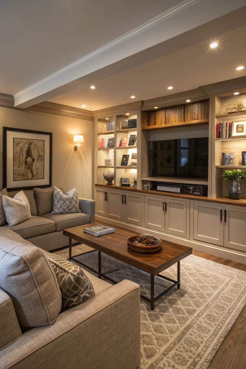Stylish storage keeps the living room tidy.
