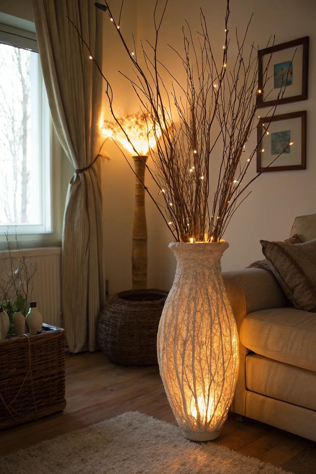 Inside a vase, LED lights create a warm, welcoming glow in the evening.