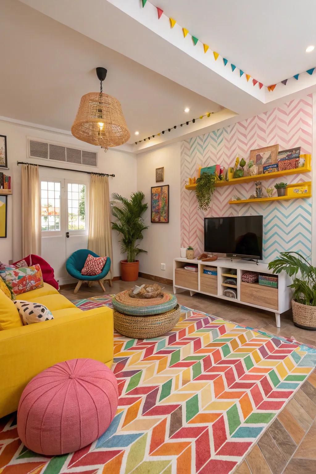 Vibrant family room with colorful herringbone tiles.