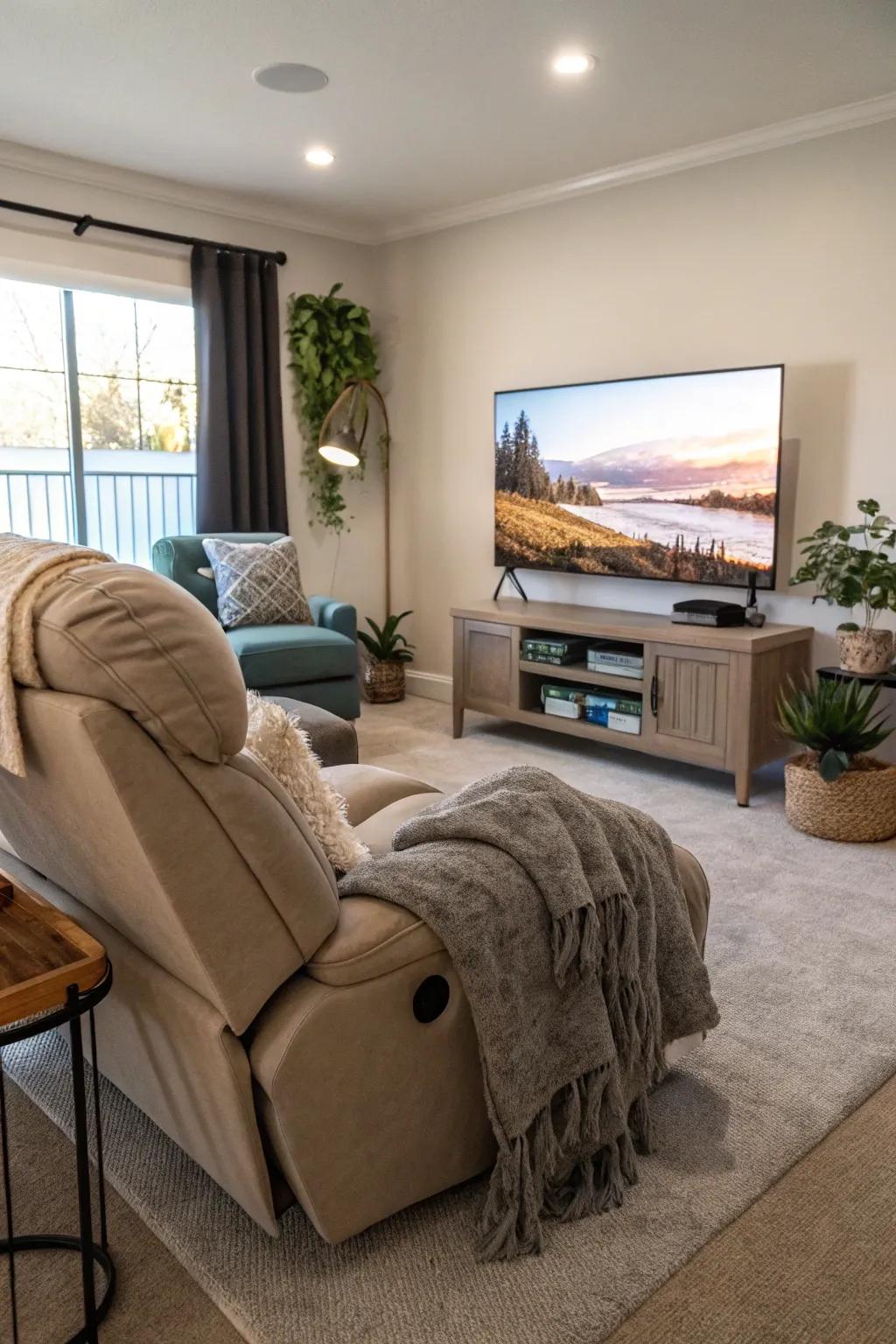A superb viewing arrangement with an ideally positioned recliner.