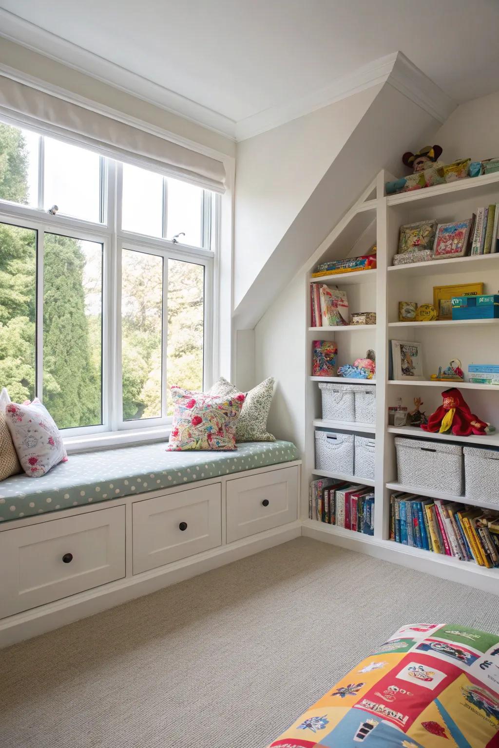 A bay window seat with stowage offers a cozy location for daydreaming.