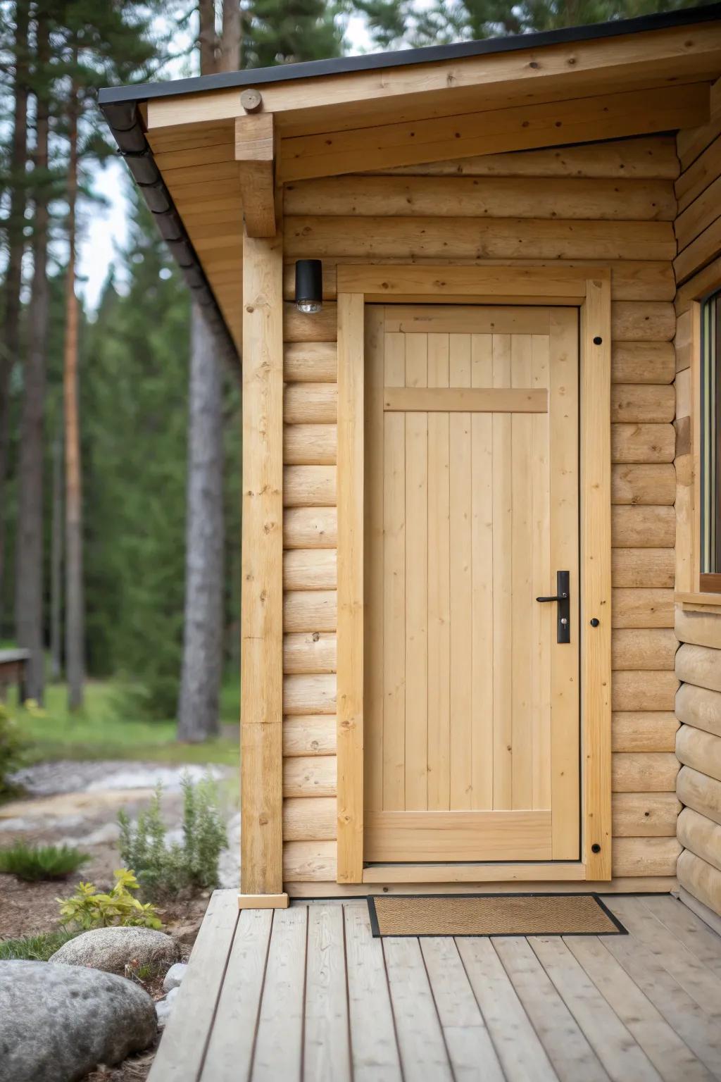 A log cabin doorway with a streamlined and minimalist aesthetic.