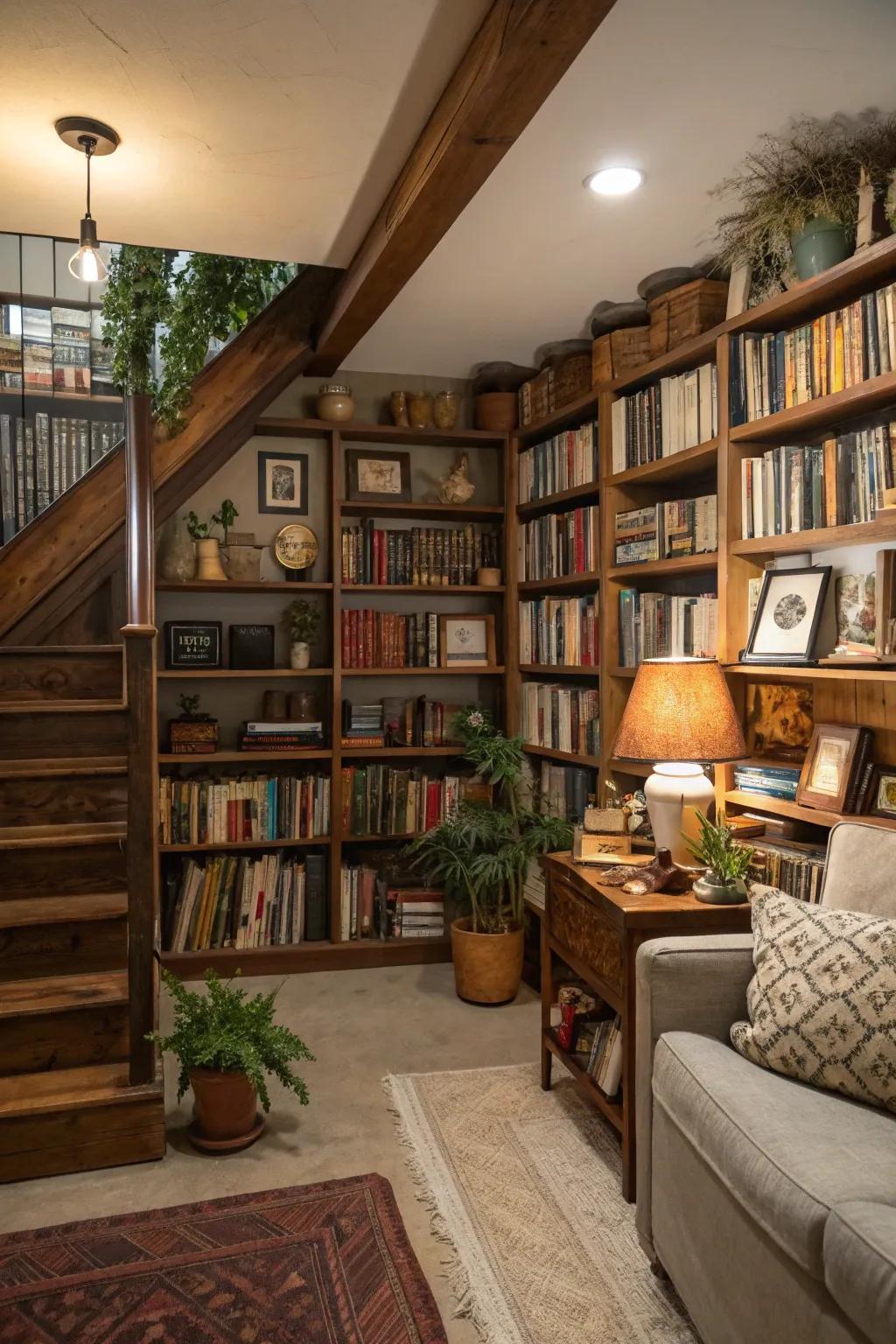 Tall shelving adds height and storage to a basement.