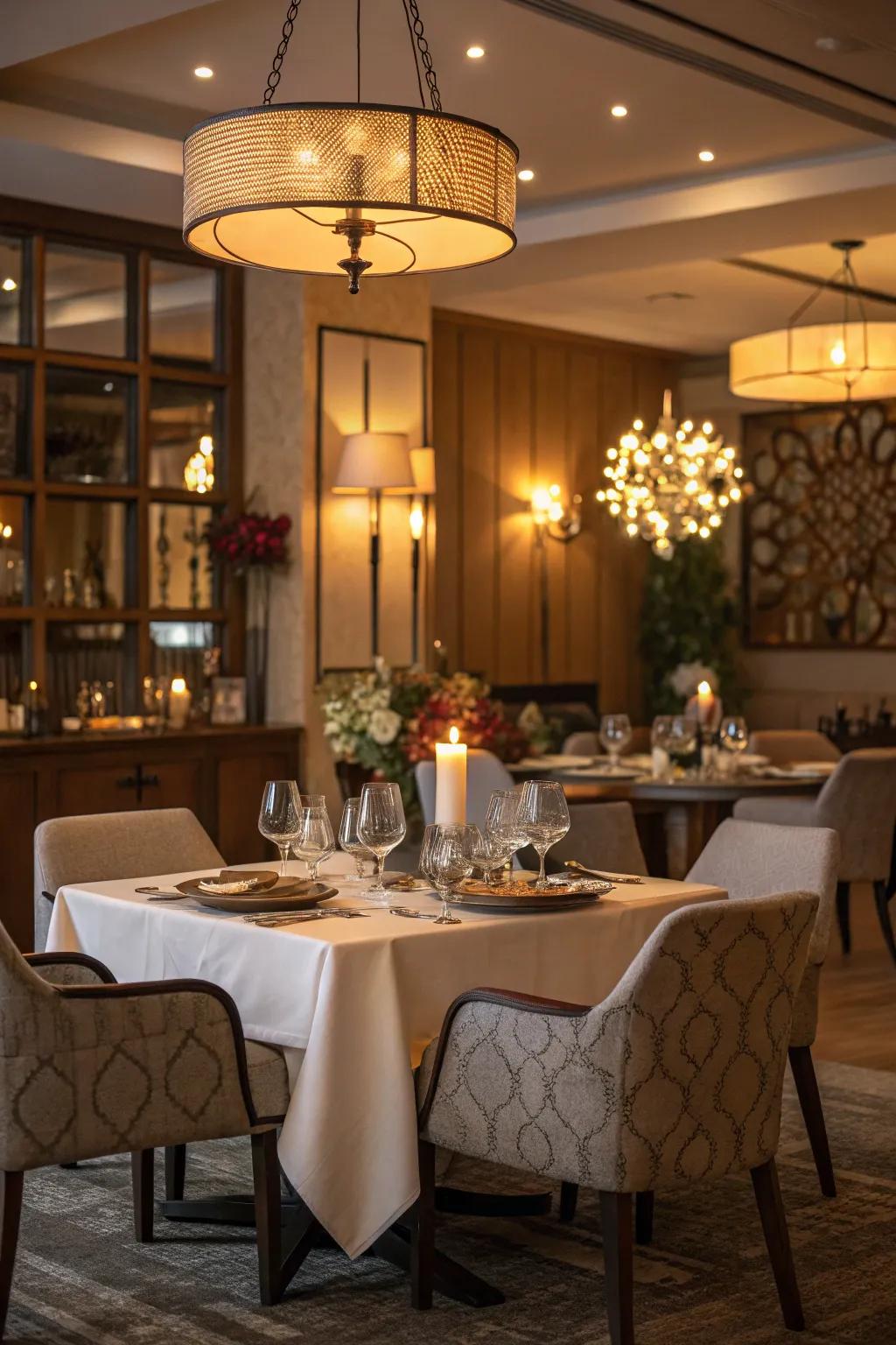 Layered lighting creating dimension in a dining space.