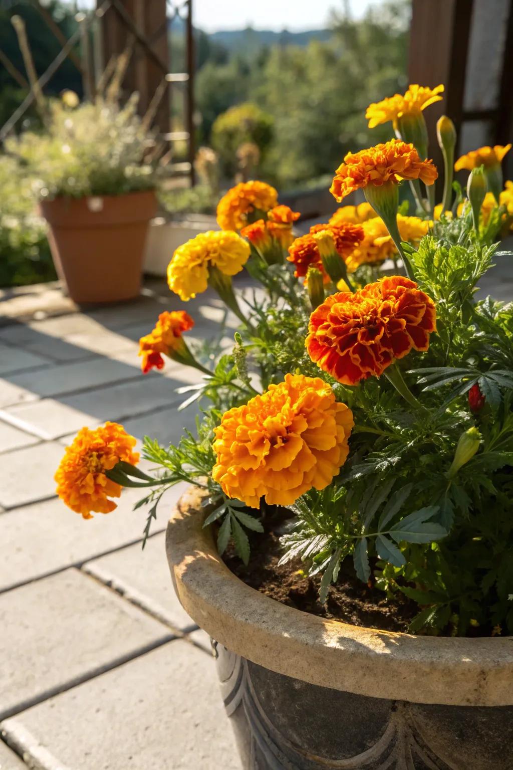 Marigolds radiating in full sunlight.