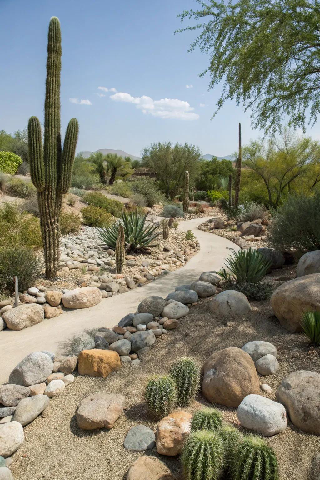 Capture desert vibes with a combination of thorny plants and river stones.