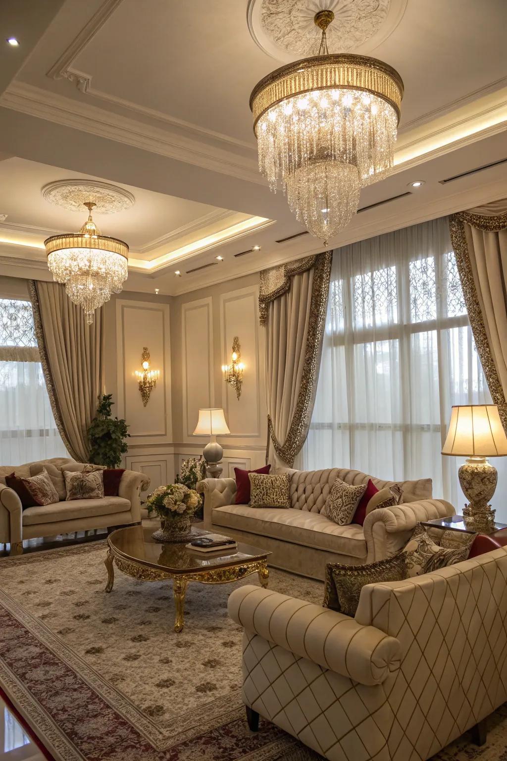 Layered illumination defines the perfect mood in this lavish living room.