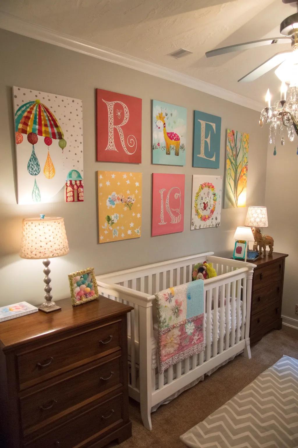 A nursery with art that is yours like a custom name sign and pictures painted by hand.
