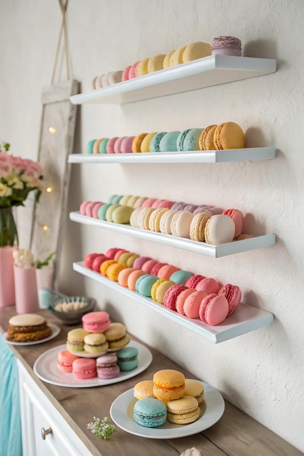 Floating ledgers with neatly arranged macarons.