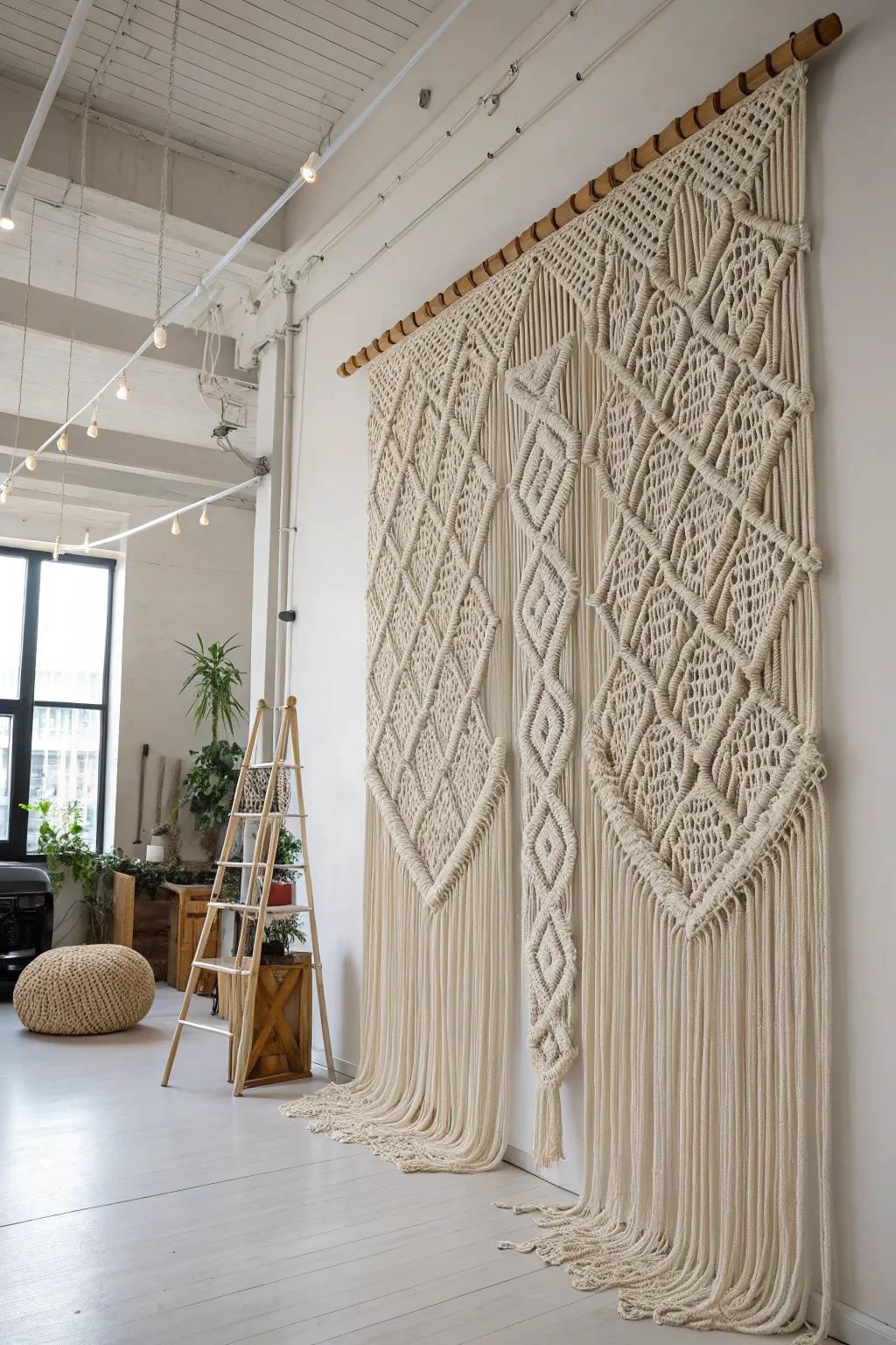Woven art installations create a daring statement.