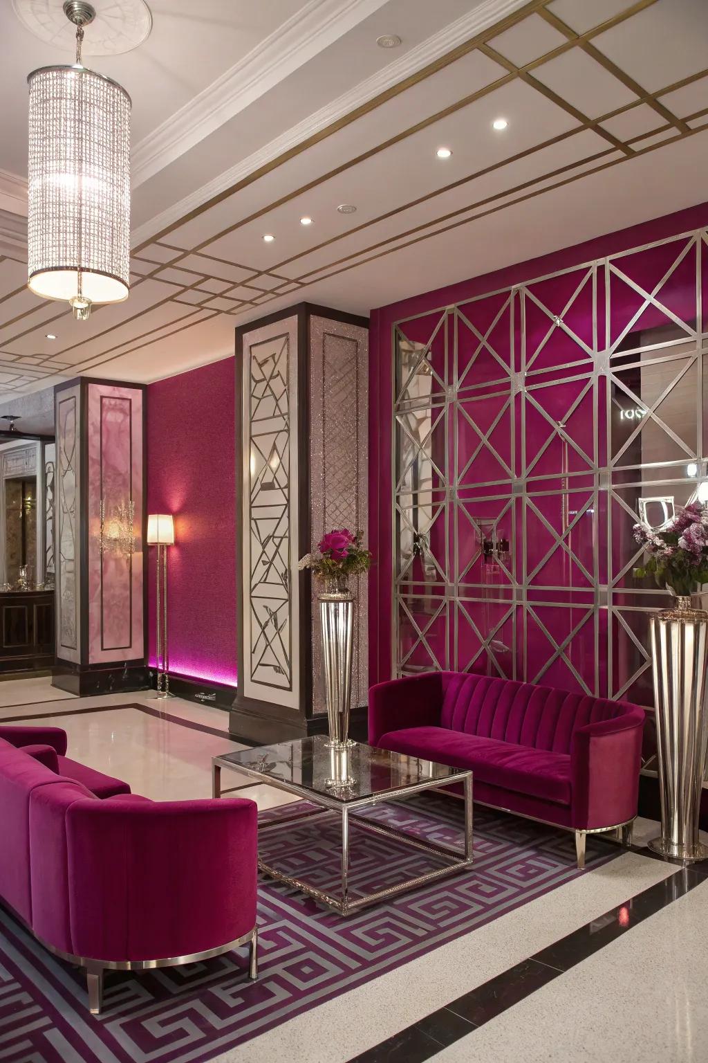 Fuchsia accents bring a modern twist to this Art Deco-inspired room.