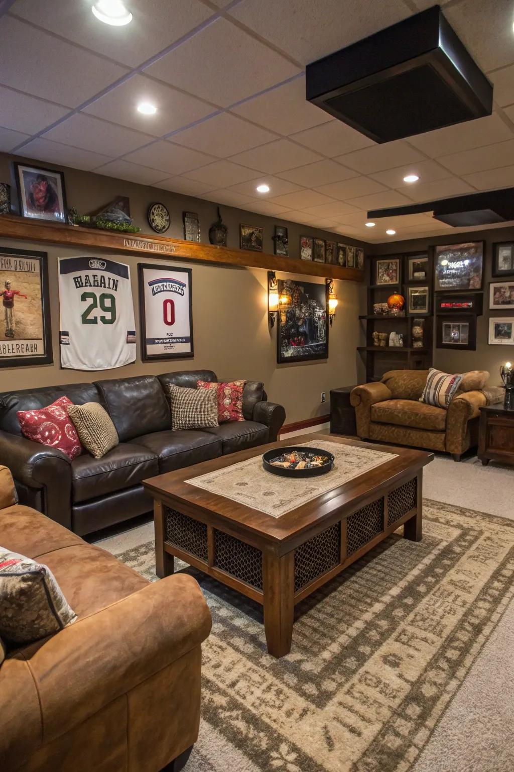 A center table demonstrating individuality serves to anchor this fashionable man cave.