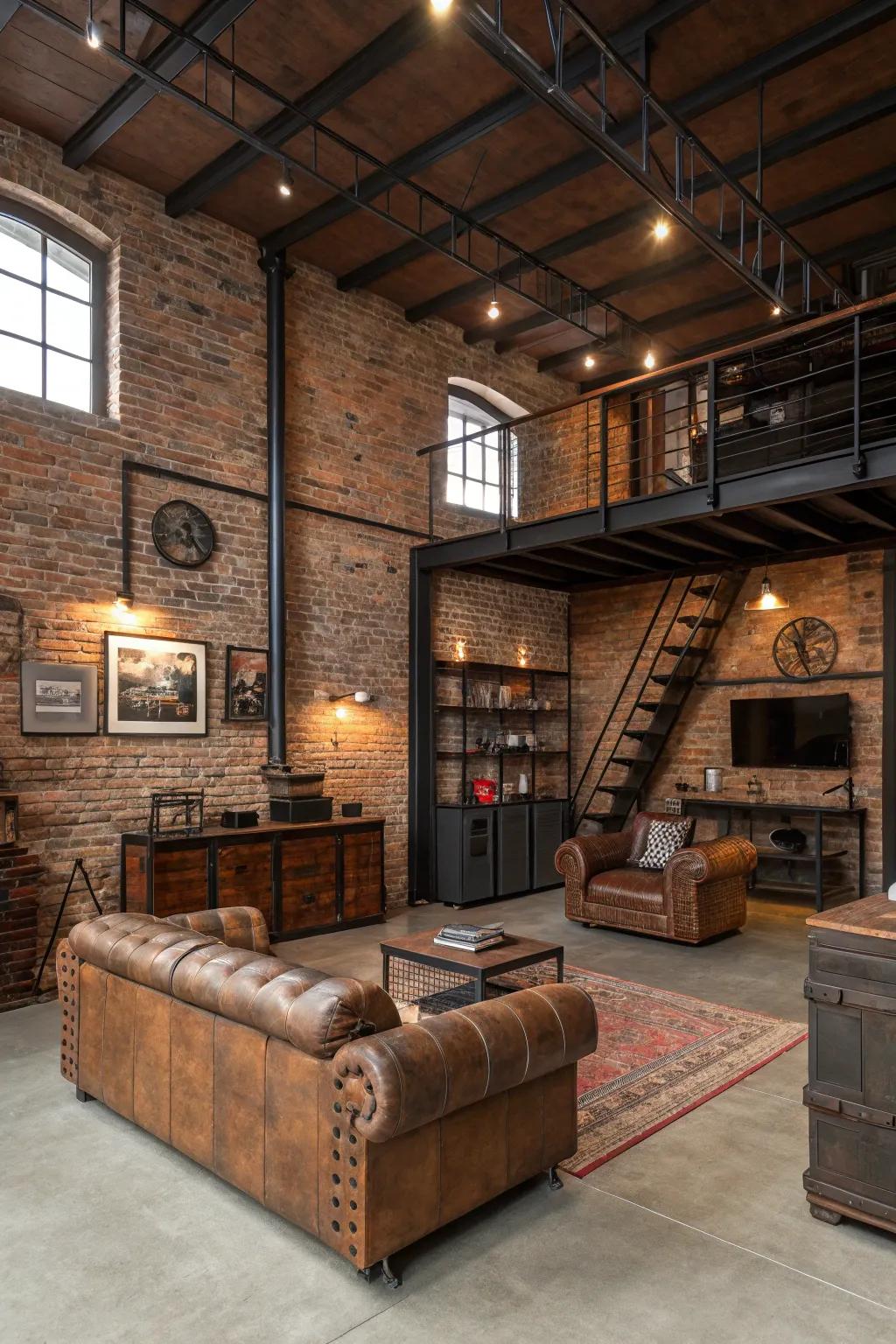 An industrial loft aesthetic featuring exposed brickwork generating a sturdy visual.