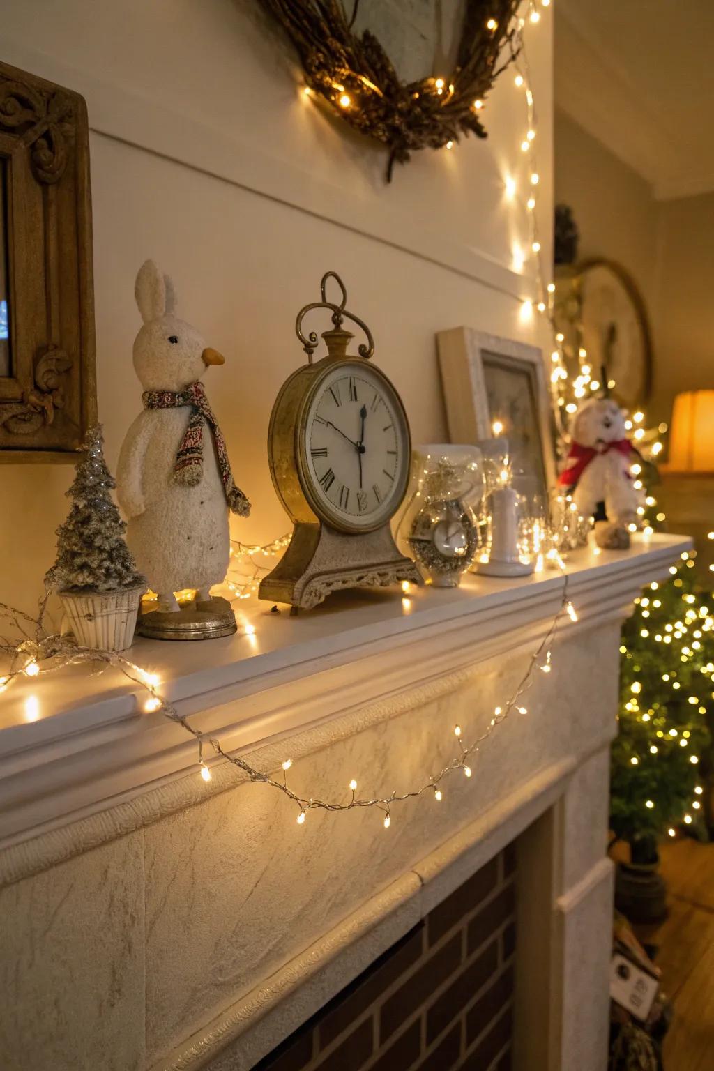 A whimsical mantel featuring a clock and playful decor elements.