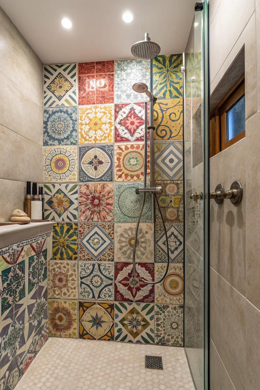 A shower showcasing an eclectic mix of tiling for a creative, customized feel.